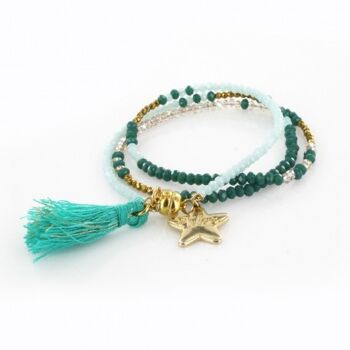 Bracelet Femme triple turquoise, vert émeraude et or