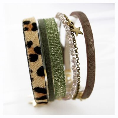 Bracelet Femme manchette aimanté vert et imprimé léopard
