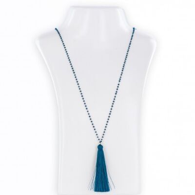Women's necklace with duck blue silk pompom