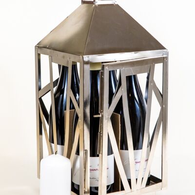 Chrome metal lantern + candle + gift box