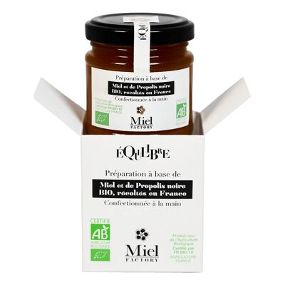 Préparation à base de Miel de sapin et de Propolis noire BIO, récoltés en France.