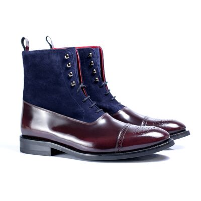 Burgundy-navy hand-finished suede and leather ankle boot (ABAL-BURDEOS-NAVY)