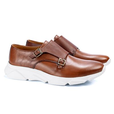 Scarpa con fibbia in pelle con motivo inciso cognac (CRASTOR-COGNAC)