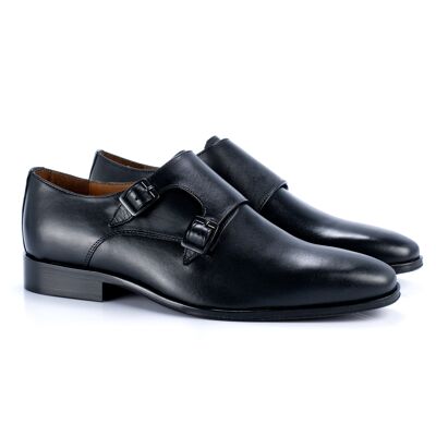 Shoe with buckle in black leather with stitching (PRECO-NEGRO)