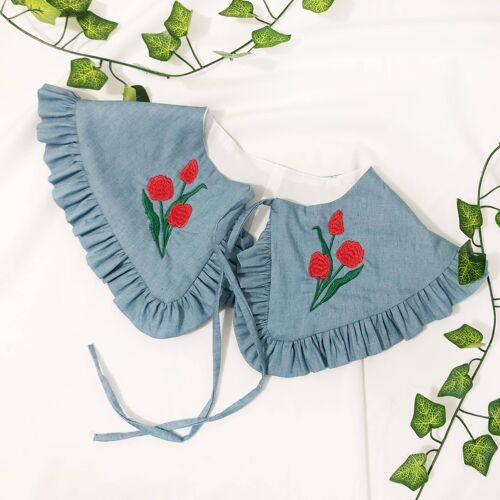 Tulip Embroidered Blue Detachable Collar, Oversized Collar