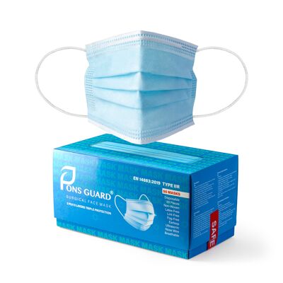 Maschere chirurgiche Pons Guard. Maschere per il viso usa e getta di alta qualità blu premium. Maschere per il viso mediche blu. EN 14683:2019 + Ac:2019 Tipo IIR / 3 strati. Maschere viso in PPE resistenti ai fluidi.