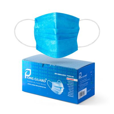 Pons Guard Surgical Masks.Standard Aqua Blue High Quality Disposable Face Masks.Aqua Blue Medical Face Masks. EN14683:2019+Ac:2019 Type IIR / 3 Ply.Face Masks Pack Of 50. Fluid Resistant.Ppe Mask