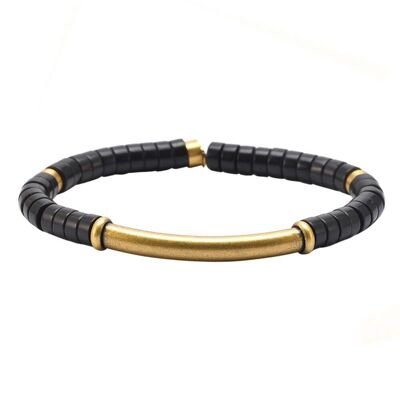 Bracelet femme perles heishi pierres naturelles agate noire barre acier doré