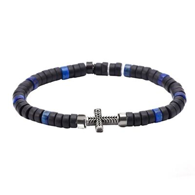 Bracelet perles heishi pierres naturelles agate noire et lapis lazuli croix acier antique