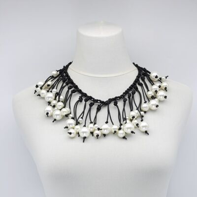 Faux Pearls on Hand-woven Leatherette Collar Necklace - White