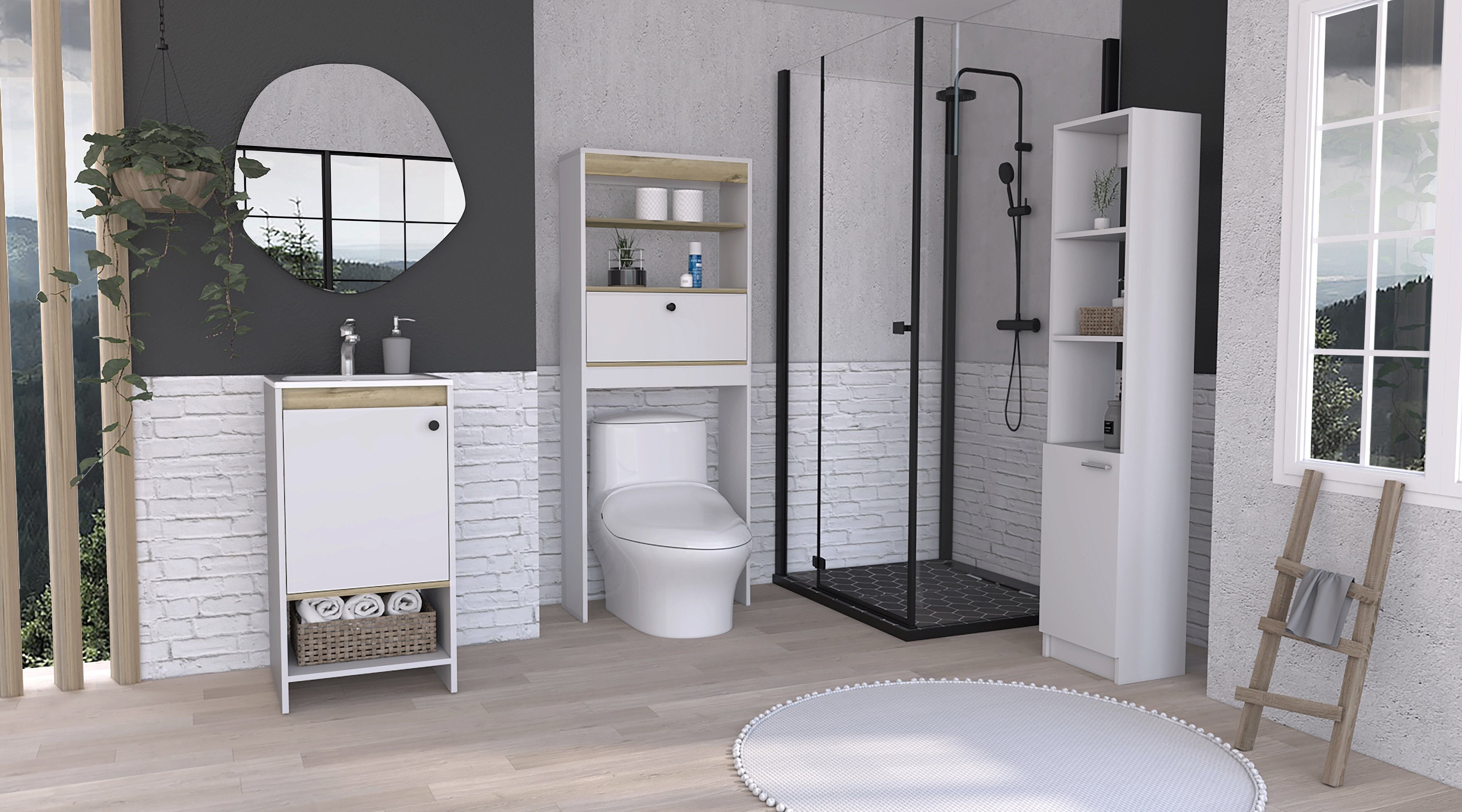 Conjunto Malaga, Lavamanos + Estanteria Sobre Inodoro + Columna