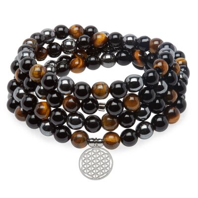 "Triple Protection" bracelet of 108 beads in Tiger's Eye, Hematite and Black Obsidian