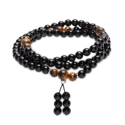 Bracelet Mala Bouddhiste en Obsidienne et Oeil de Tigre