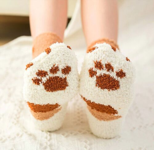 Cute Cat Fluffy Warm Fleece Winter Socks - Brown and White