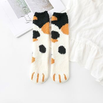 Chaussettes d'hiver en molleton chaud moelleux chat mignon - noir, marron et blanc 4