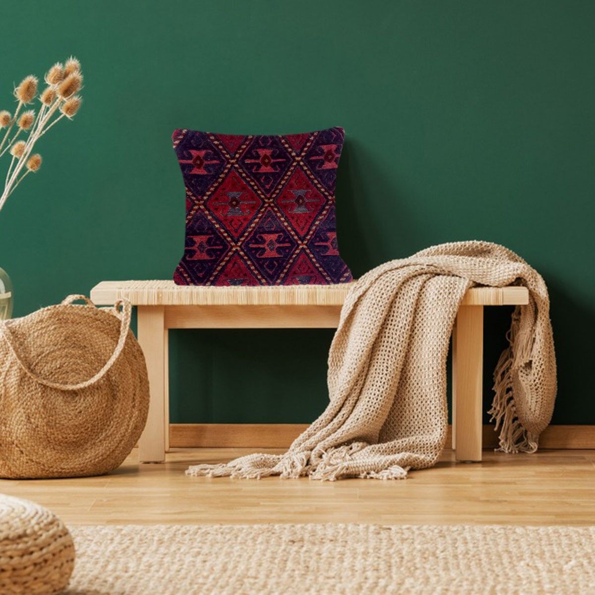 Fodera per cuscino rossa Falu intrecciata a mano in Kilim