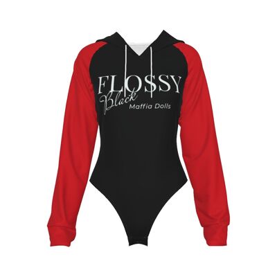 Maffia Dolls Flossy Schwarzer Raglanärmel-Bodysuit mit Kapuze