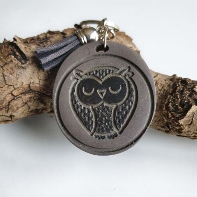 Wood Keyring Owl, Wise Owl Keyring, Owl Charm, Tassel Keyring - Lady Style - light grey
