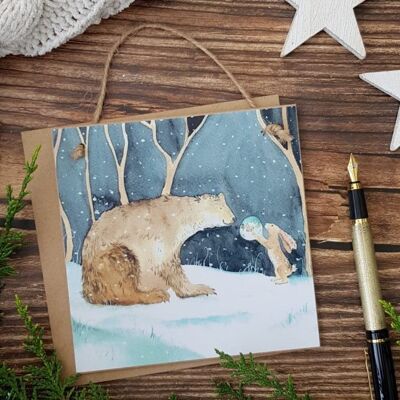 The Bear and the Hare in Winter Wooden Forever Card
