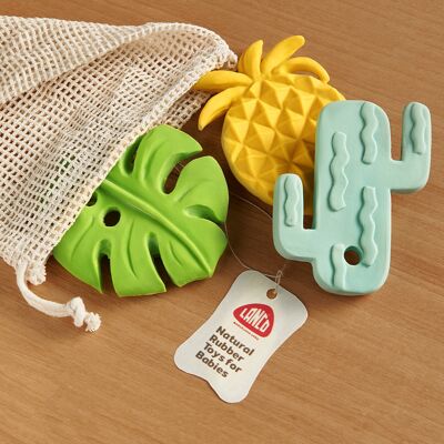 Lanco Lot de trois jouets de dentition – Ananas, feuille, cactus pour bébé – Fabriqué à partir de caoutchouc naturel