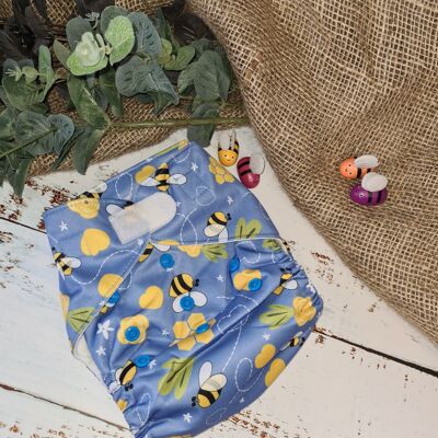 Pañal de tela en tándem con bolsillo e inserciones de cáñamo/algodón orgánico - Busy Bees - Velcro