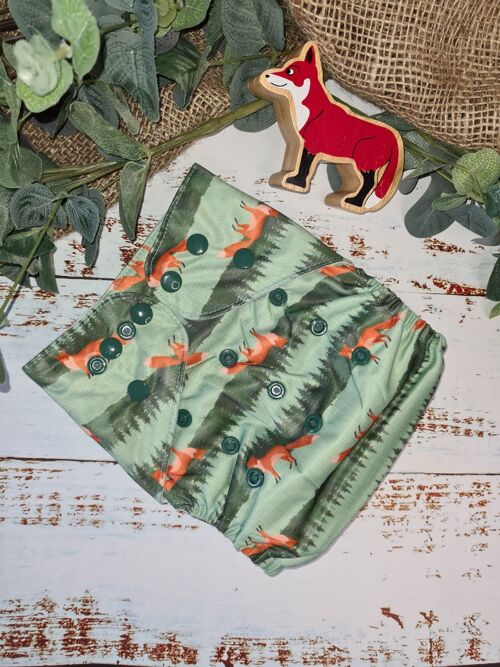 Tandem Cloth Pocket Nappy with Hemp/Organic Cotton Inserts - Who Gives A Fox - Poppers