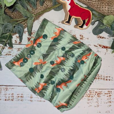 Tandem Cloth Pocket Nappy with Hemp/Organic Cotton Inserts - Who Gives A Fox - Poppers