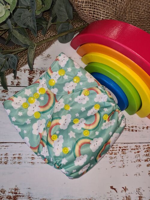 Tandem Cloth Pocket Nappy with Hemp/Organic Cotton Inserts - Happy Rainbow - Poppers