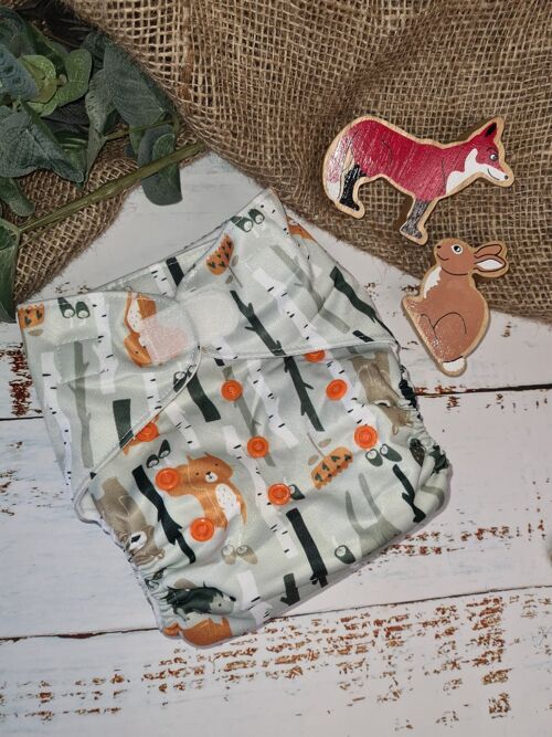 Tandem Cloth Pocket Nappy with Hemp/Organic Cotton Inserts - Woodland Animals - Hook & Loop