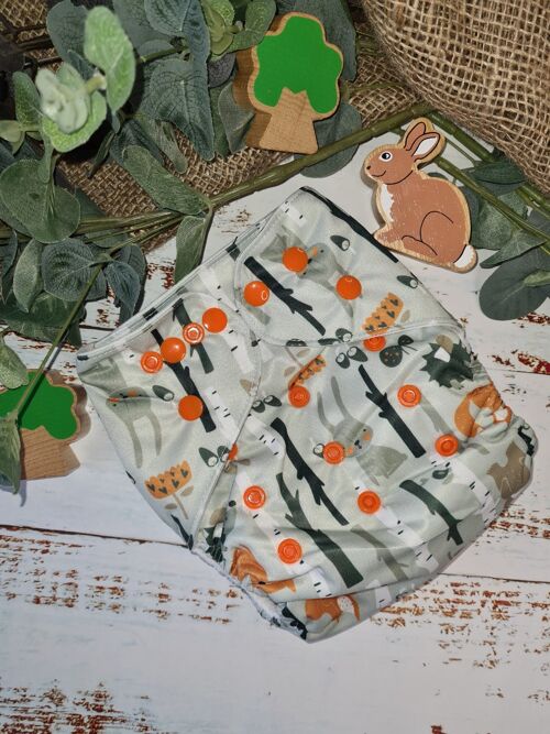 Tandem Cloth Pocket Nappy with Hemp/Organic Cotton Inserts - Woodland Animals - Poppers