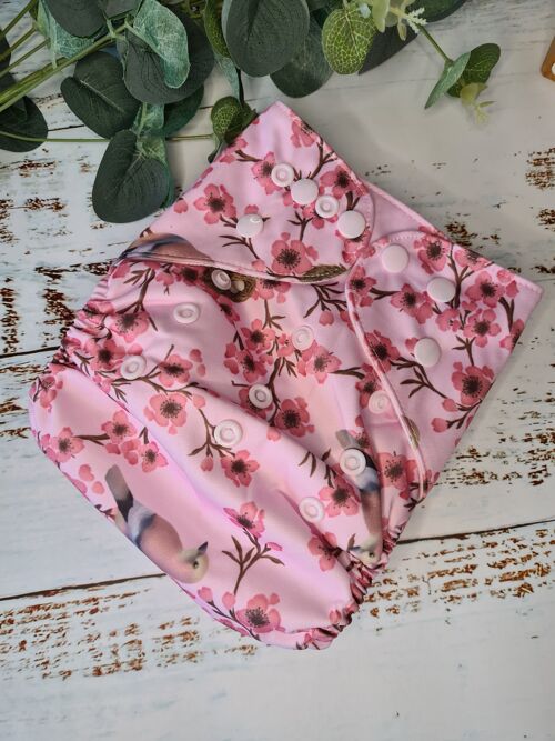 Tandem Cloth Pocket Nappy with Hemp/Organic Cotton Inserts - Blossoms Up - Poppers