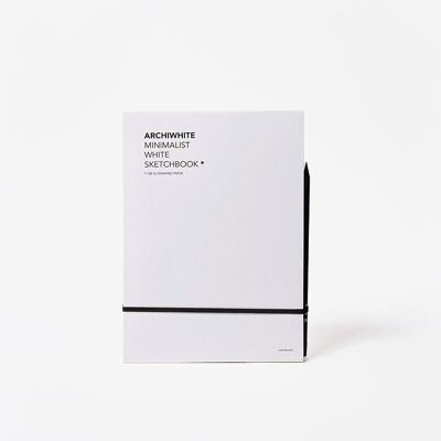 Cuaderno de dibujo blanco y lápiz negro integrado.