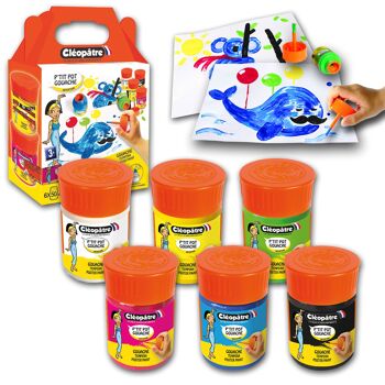 LOT DE 6 PTIT POTS DE GOUACHE 50 ML AVEC PINCEAU ET ENTONNOIR INTÉGRÉ (blanc/jaune/rouge/vert/bleu/noir) 8