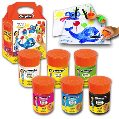 LOT DE 6 PTIT POTS DE GOUACHE 50 ML AVEC PINCEAU ET ENTONNOIR INTÉGRÉ (blanc/jaune/rouge/vert/bleu/noir)