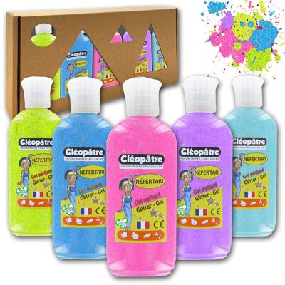 Box of 5 bottles of neon effect gel paint 100 GR (pink, ice blue, ultra violet, blue and yellow)