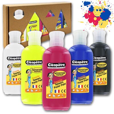 BOX OF 5 BOTTLES OF NEFERTARI GOUACHE IN 100 ML CLASSIC COLOR WHITE YELLOW RED BLUE AND BLACK