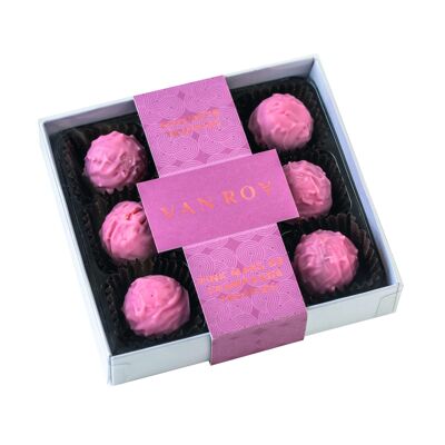 Pink Marc de Champagne truffles in 9 choc
