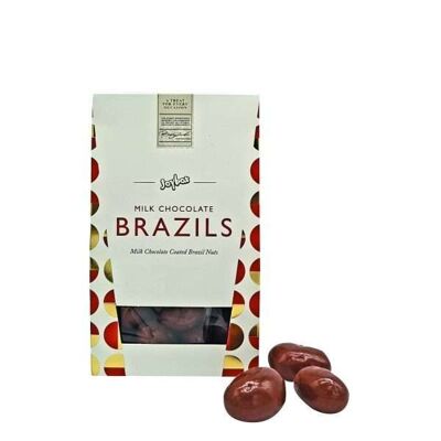 Brazil nuts coated in milk chocolate in carton