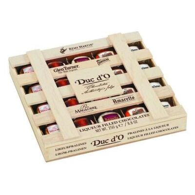 Duc d’O wooden crate of assorted liqueur filled chocolates with sugar crust
