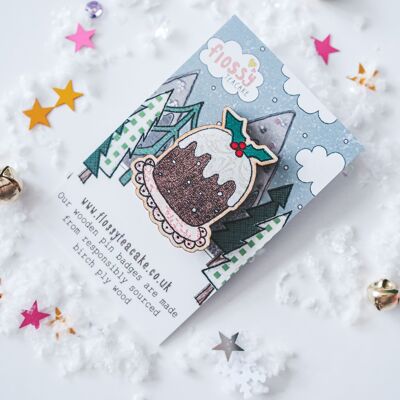 Christmas Pudding Wooden Pin Badge