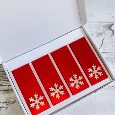 Confezione regalo con barretta a scatto in cera - Fiocco di neve glitterato rosso