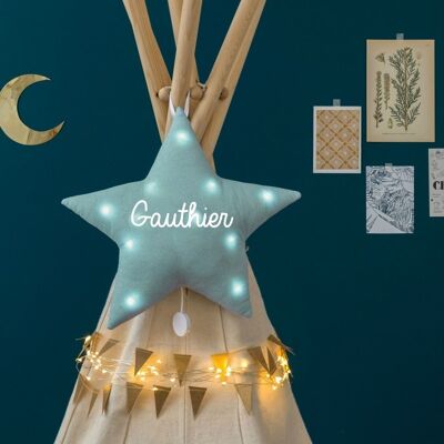 Customizable mint linen star musical night light with a first name