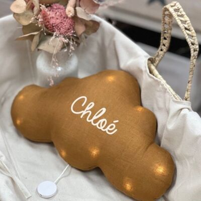 Customizable terracotta linen cloud musical night light with a first name