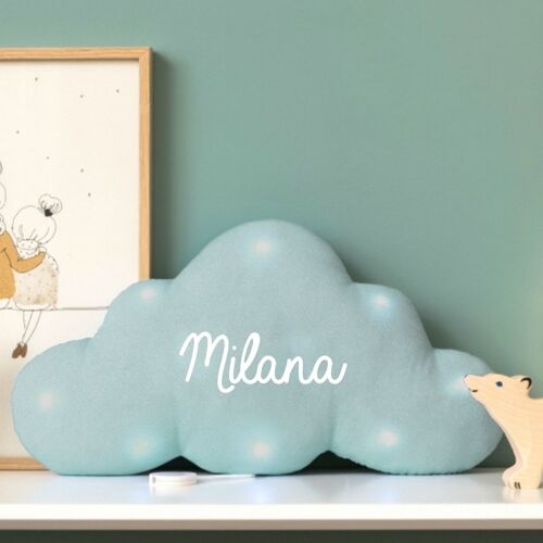 Veilleuse musicale nuage en lin menthe personnalisable avec un prénom