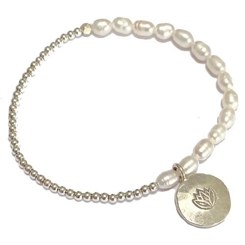 Süßwasser Perlen und Hämitit Armband mit Silber Lotus