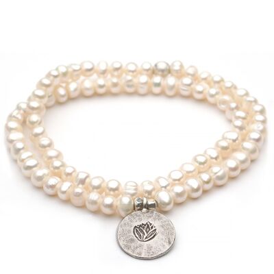 Bracelet de perles d'eau douce avec lotus en argent, double pli