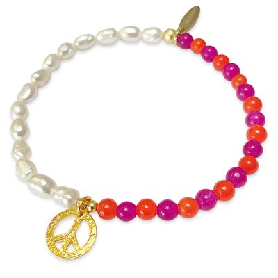 Freshwater pearl bracelet, margenta/orange