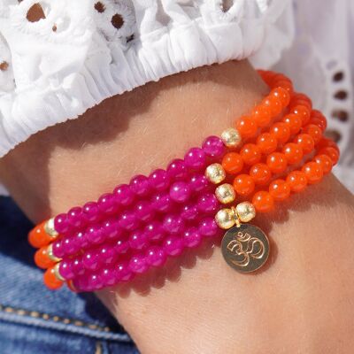 Pulsera de ágata con Om chapado en oro - margenta/naranja