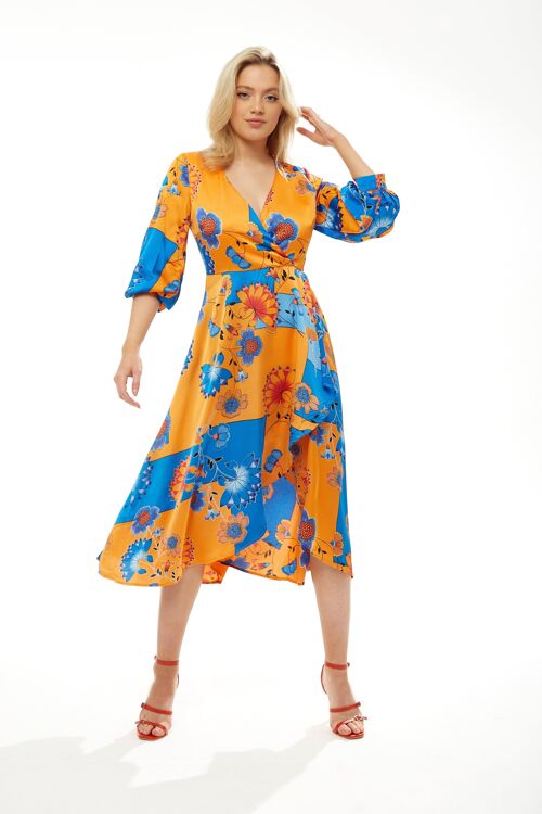 Liquorish Midi Dress In Orange & Blue Floral Print - Size 8