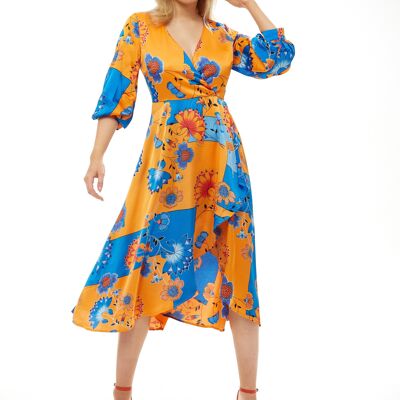 Vestido a media pierna con estampado floral naranja y azul de Liquorish - Talla 8